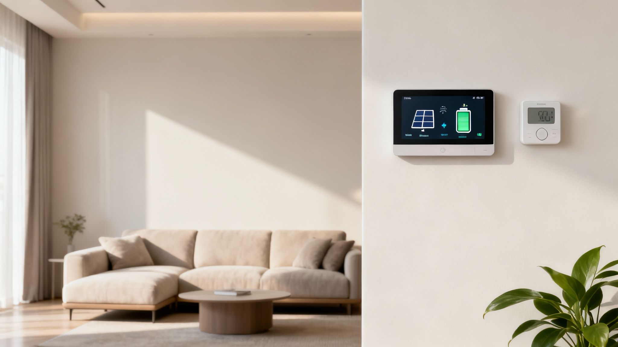 Modern smart home energy monitoring display showing solar panels and battery status on minimalist living room wall
