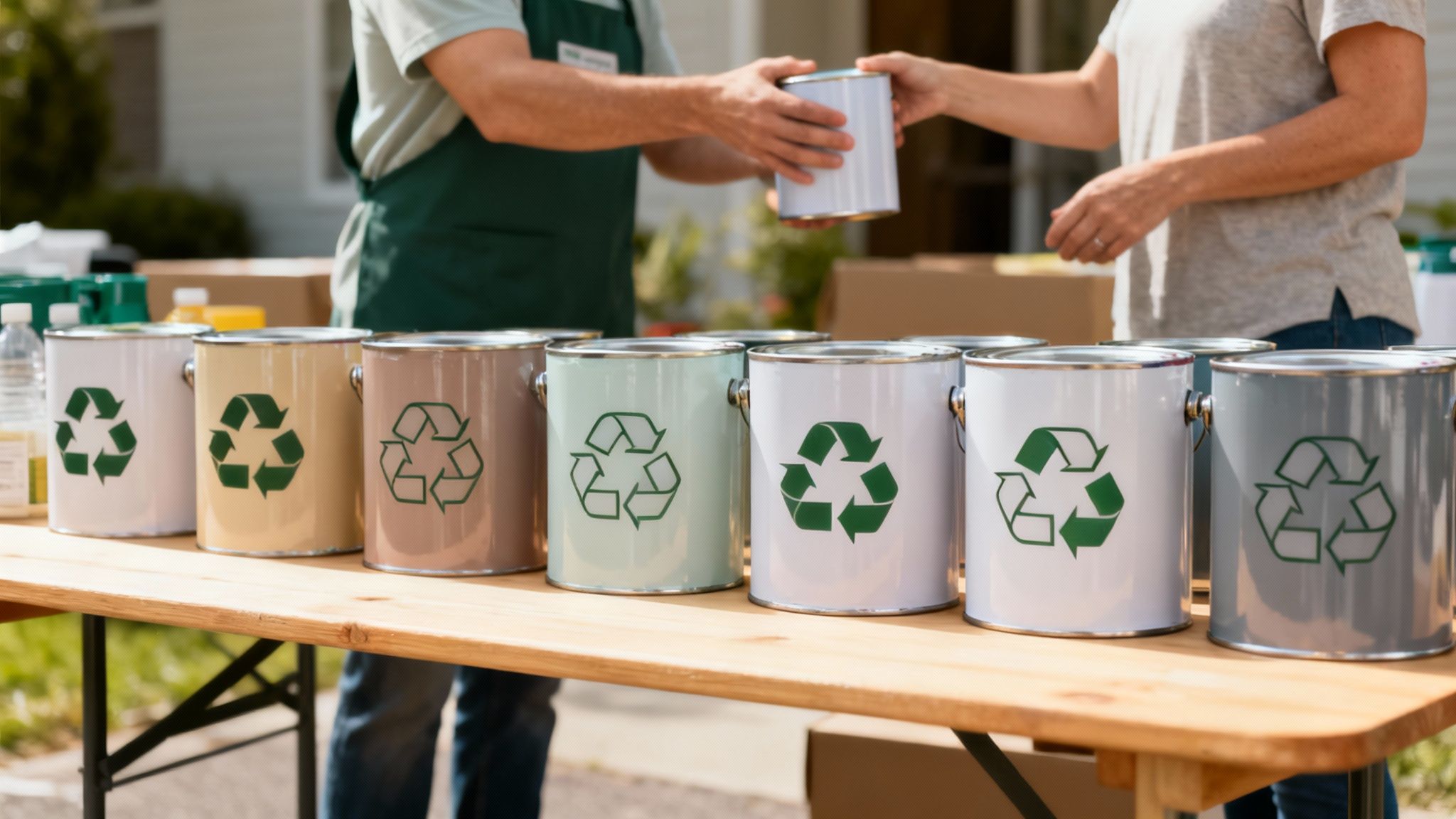 Various colored paint cans with recycling symbols on a table, people exchanging a can in the background.