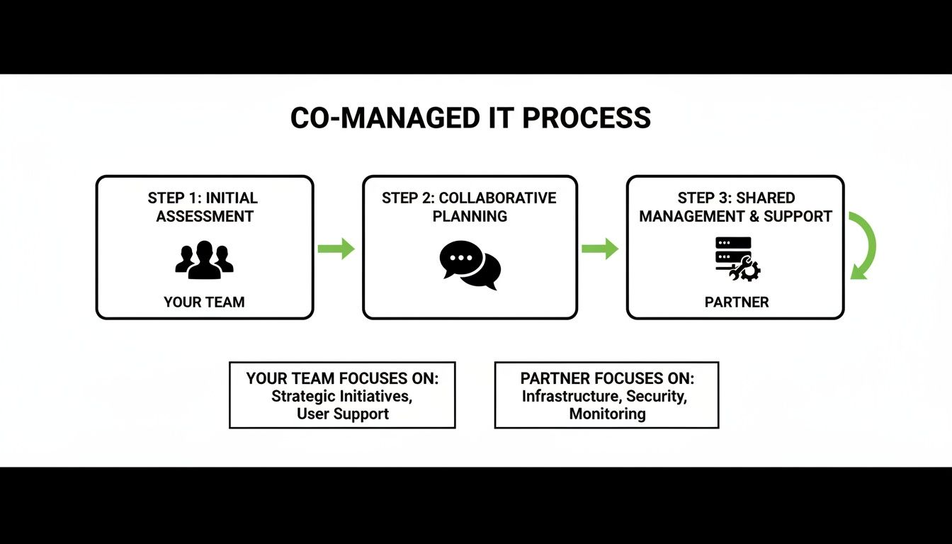 Flowchart illustrating a co-managed IT process, detailing roles for internal teams and external partners.