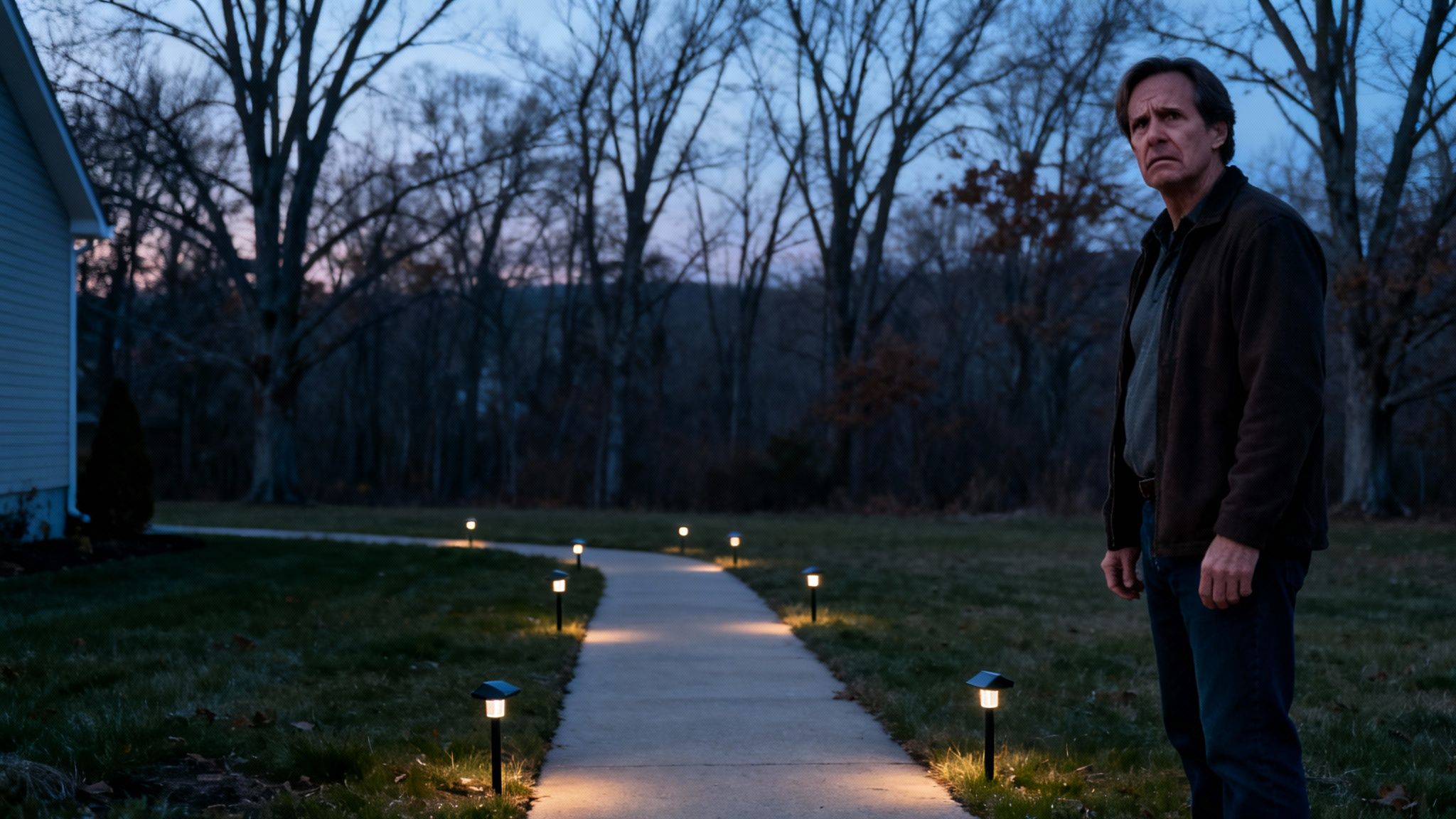 A concerned man stands outside at dusk next to a path lit by solar lights.