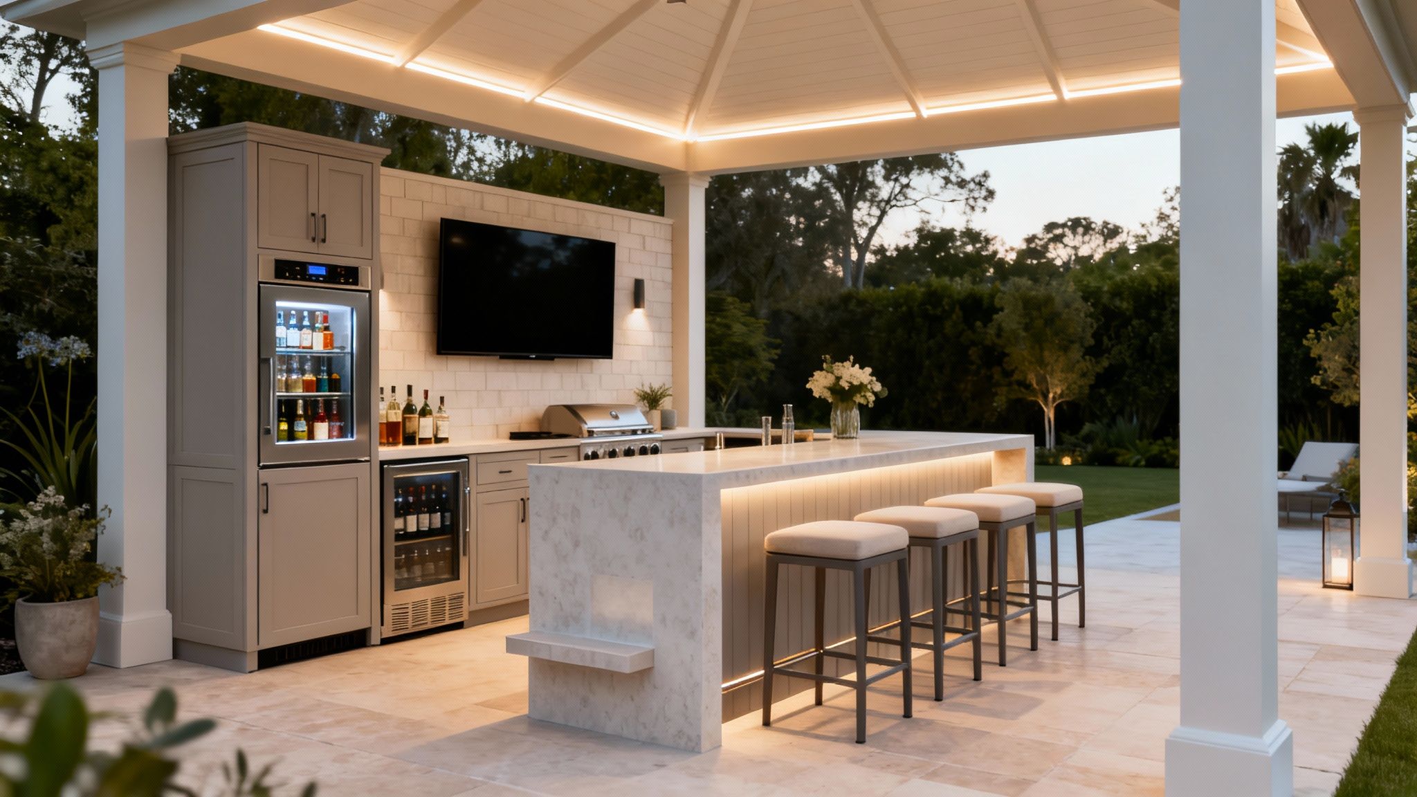 An elegant outdoor kitchen and bar area featuring a grill, refrigerators, and illuminated counter.