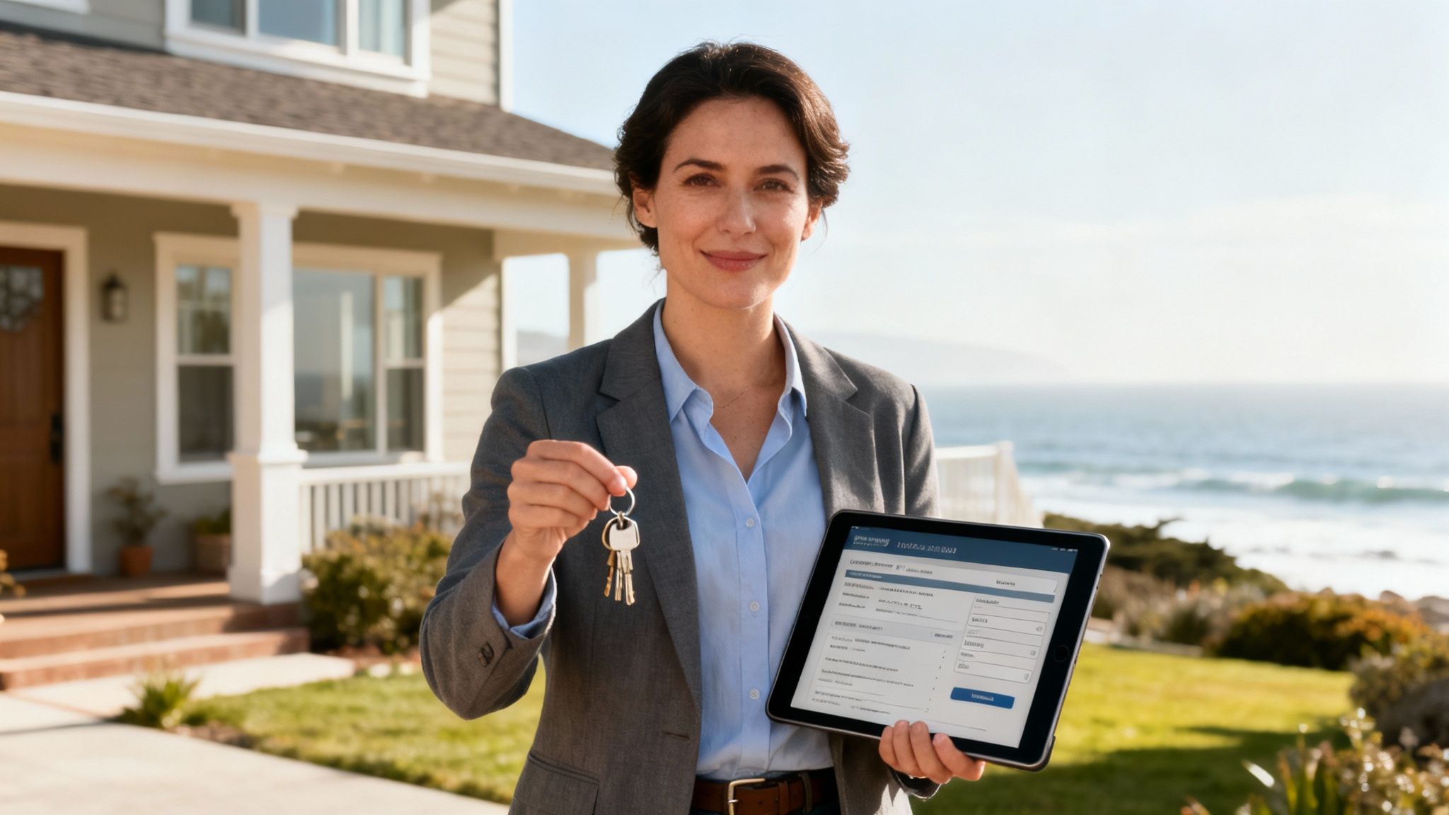 Professional woman holding house keys and a tablet, standing in front of a beautiful home by the sea.