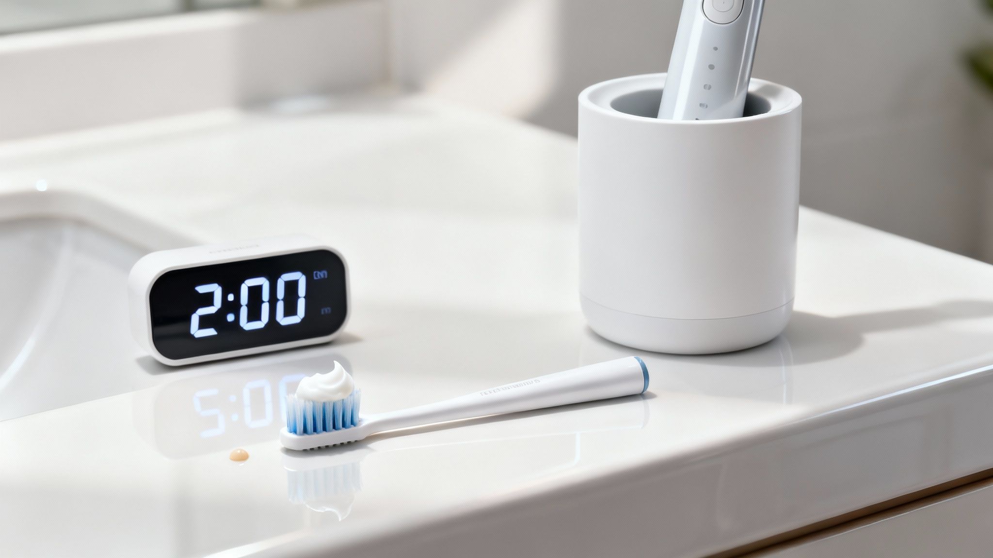 A person smiling while holding a modern electric toothbrush in a clean bathroom setting.