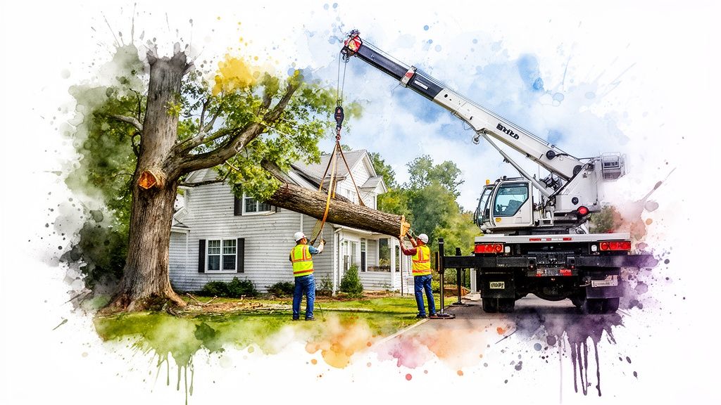 Workers in safety gear using a crane to remove a large tree trunk from a residential yard.