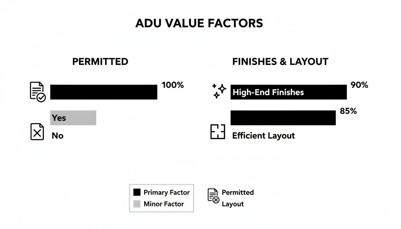 A chart detailing ADU value factors, including permitted status, high-end finishes, and efficient layout.