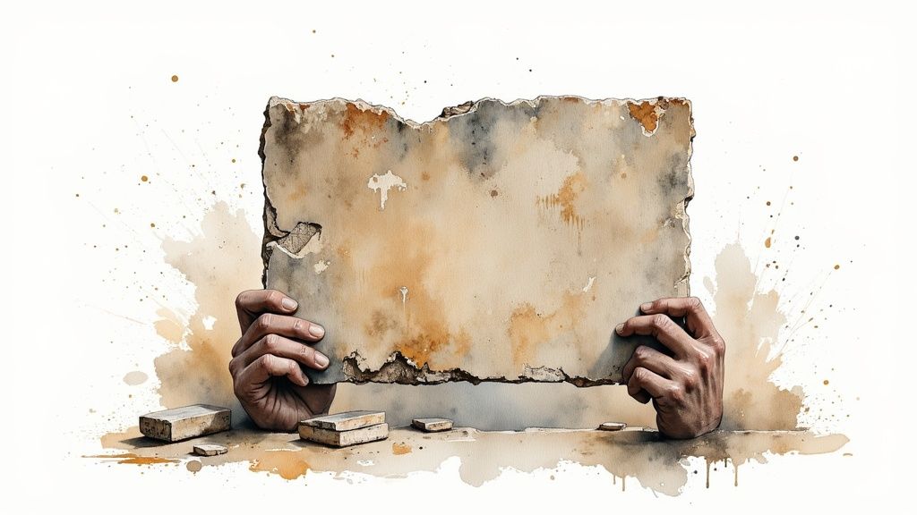 Watercolor painting of hands holding a distressed, aged stone slab with paint splatters.