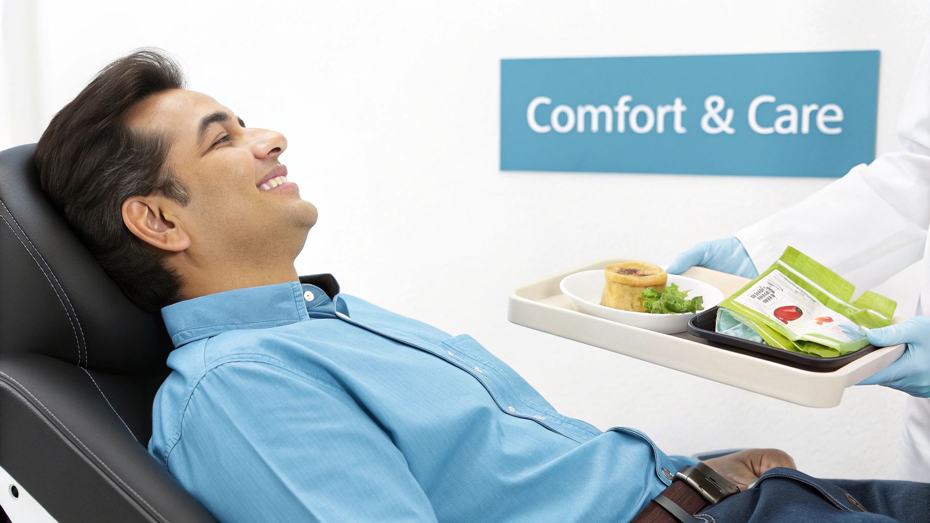 Beyond the Basics: What Scottsdale Patients Should Know Before Getting All-on-4 3 Smiling man in a chair receives a comfort tray with food and care materials from a healthcare worker.
