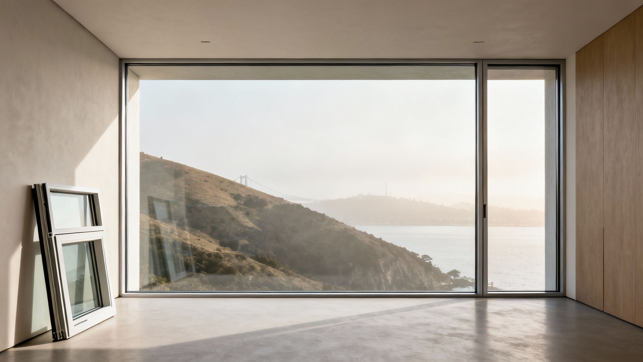 Bay Area Window Material Showdown: Pros, Cons & Costs 3 New window frames in a modern room with a large scenic window overlooking a misty bay and distant bridge.