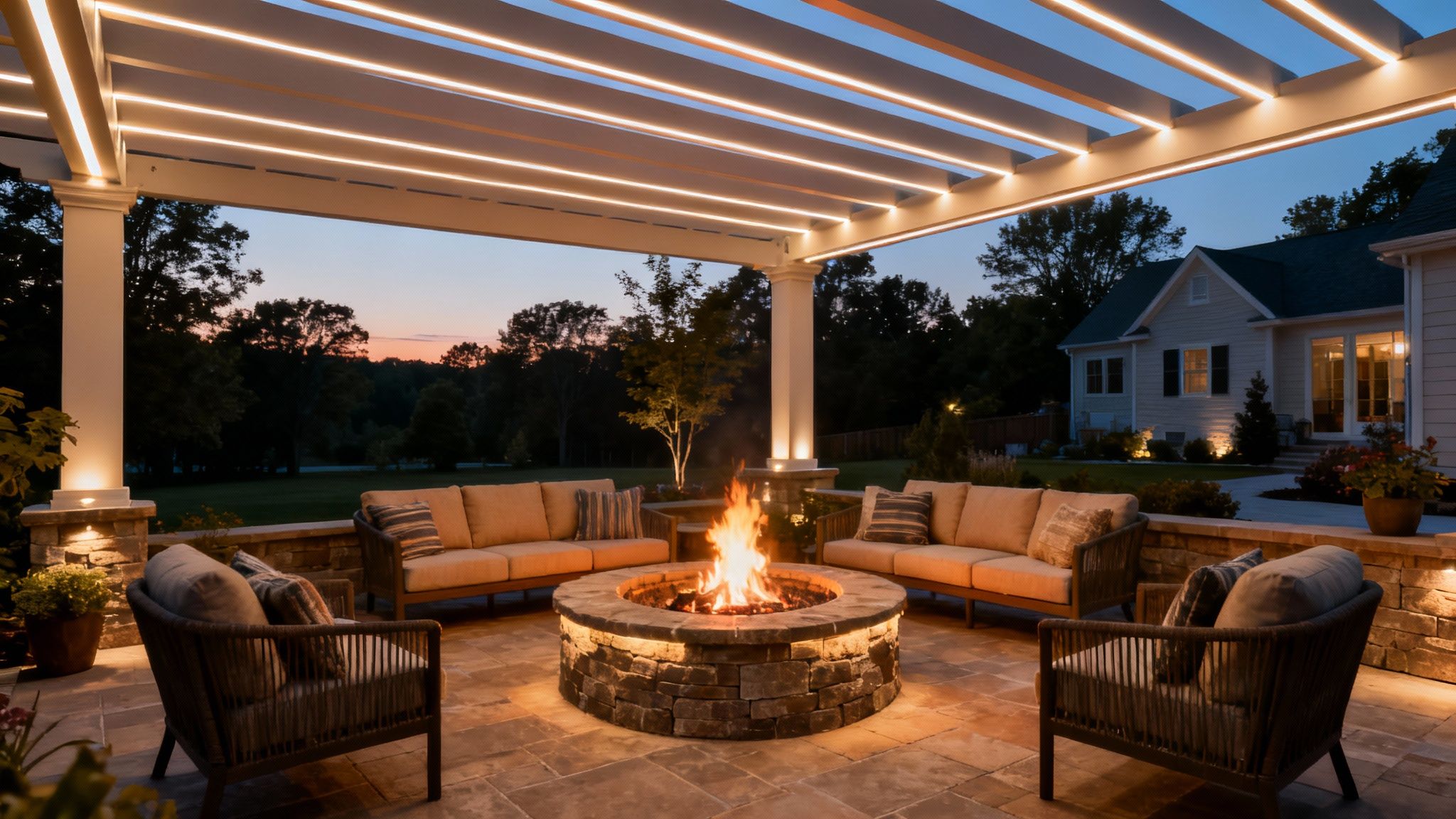 A cozy outdoor fire pit area with strategic lighting, perfect for year-round use.