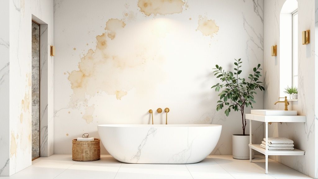 A luxurious spa-like bathroom with natural stone walls and floor