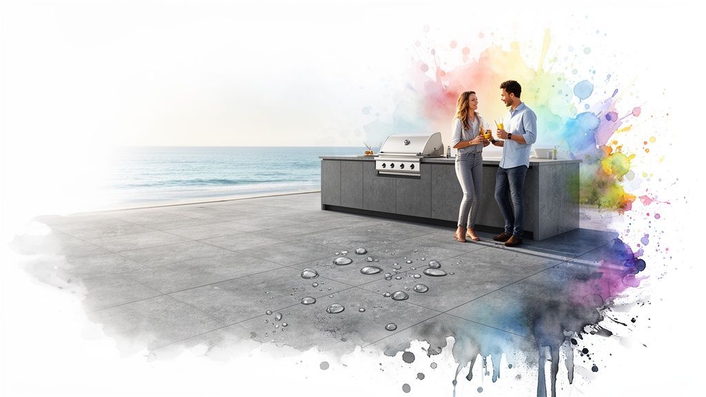 A happy couple enjoys drinks on a modern patio with an outdoor kitchen, overlooking the ocean.