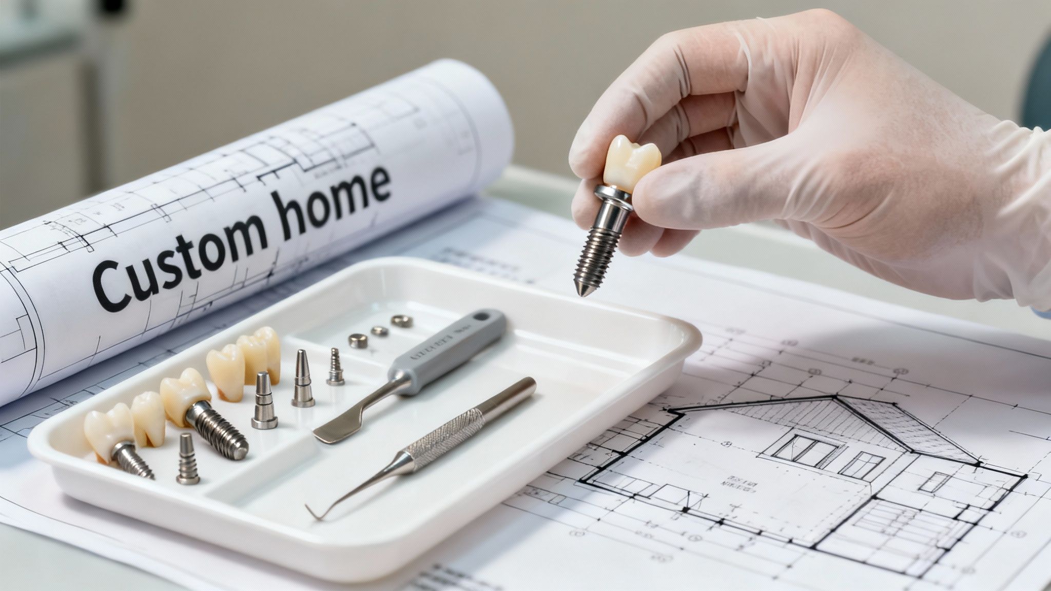 A gloved hand holds a dental implant with a tooth crown, surrounded by dental tools and home blueprints.