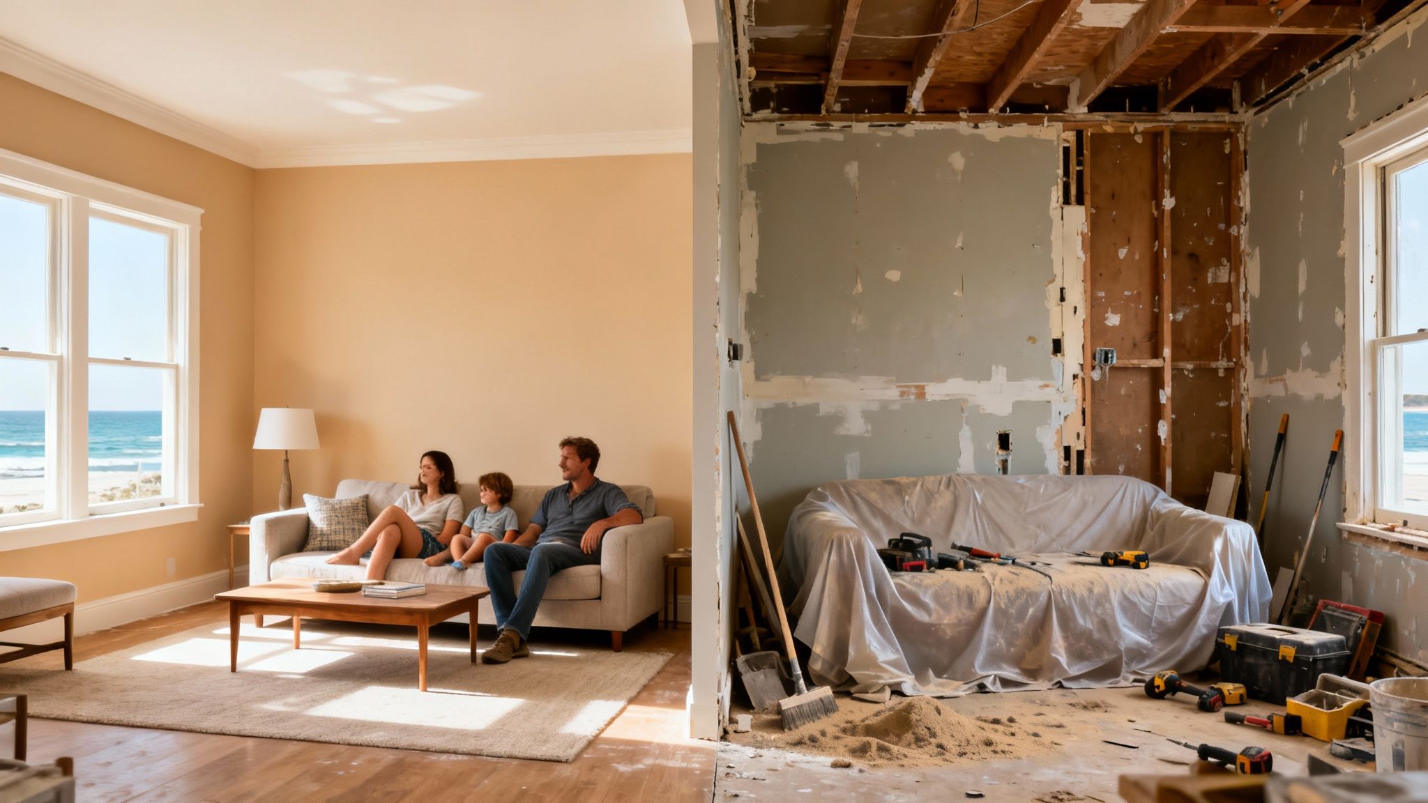 A split image shows a family relaxing in a finished living room and the same room undergoing renovation.