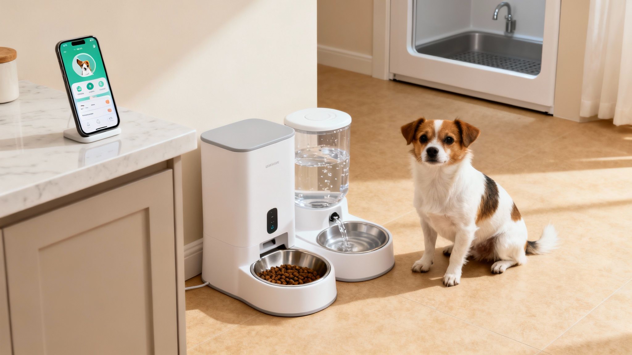 Small dog sitting beside an automatic pet feeder and water dispenser, with a smartphone displaying a pet app.