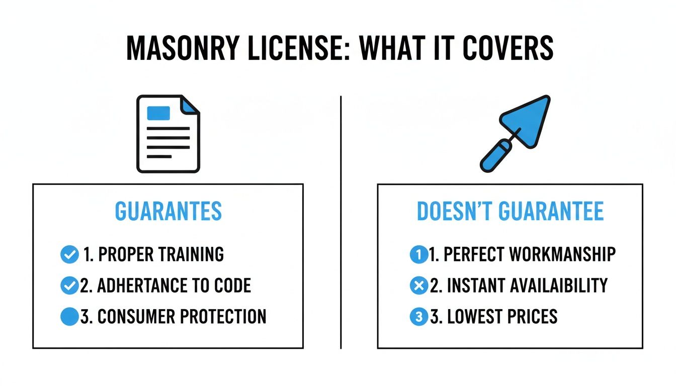 Infographic detailing what a masonry license guarantees and what it doesn't, with icons.