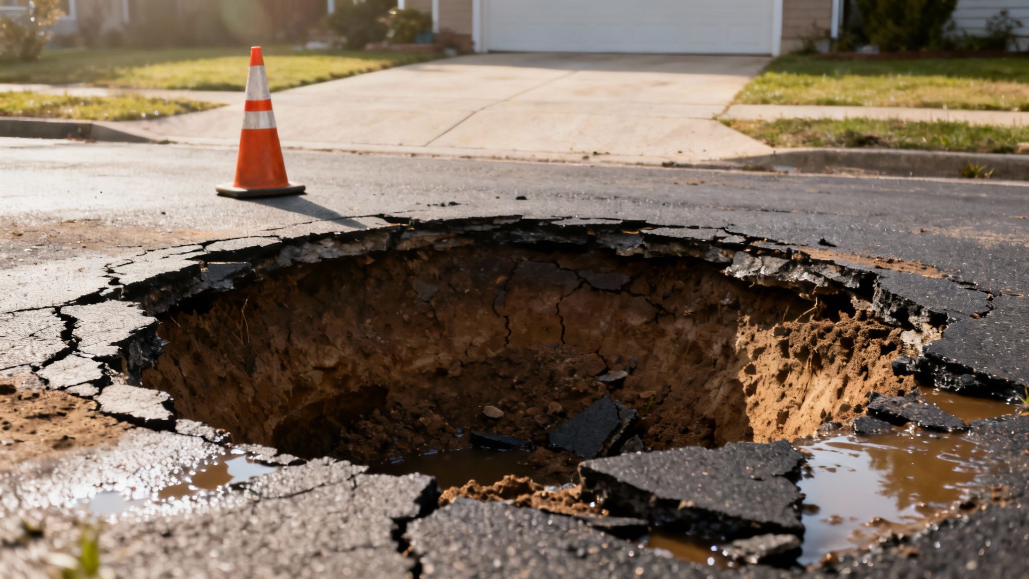 A large sinkhole has opened in an asphalt residential street, with a traffic cone and water.