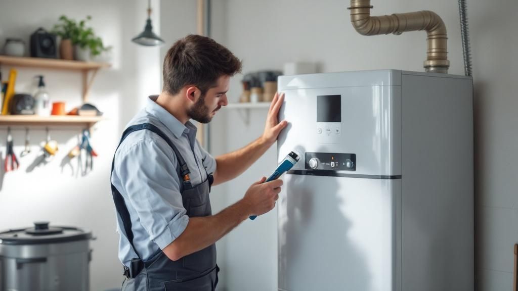 A compact, wall-mounted tankless water heater in a clean, modern utility closet.