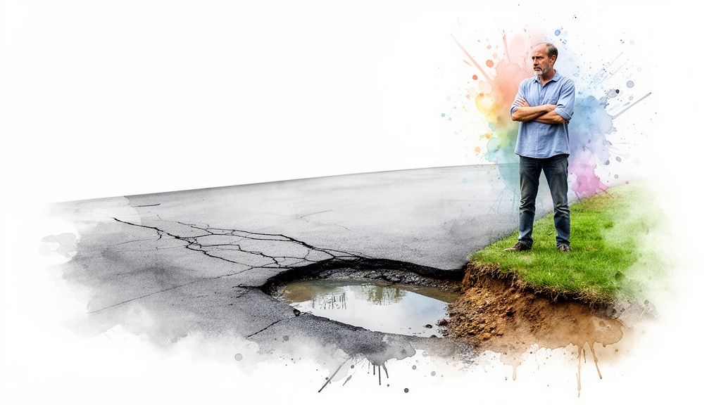 A man with crossed arms stands by a severe pothole in a cracked asphalt road, looking concerned. Watercolor style.