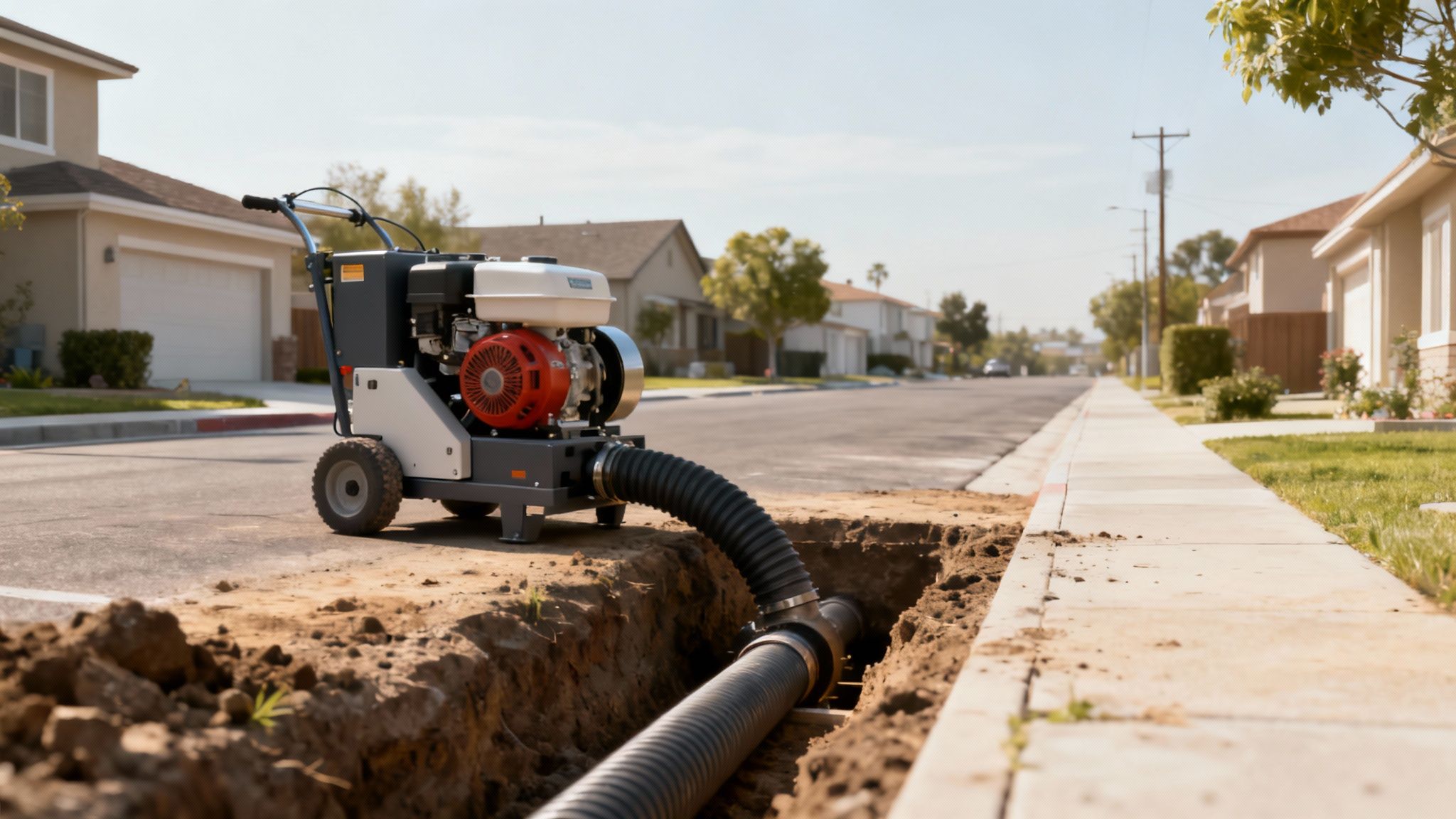 A construction worker operating trenchless technology equipment to replace an underground pipe.