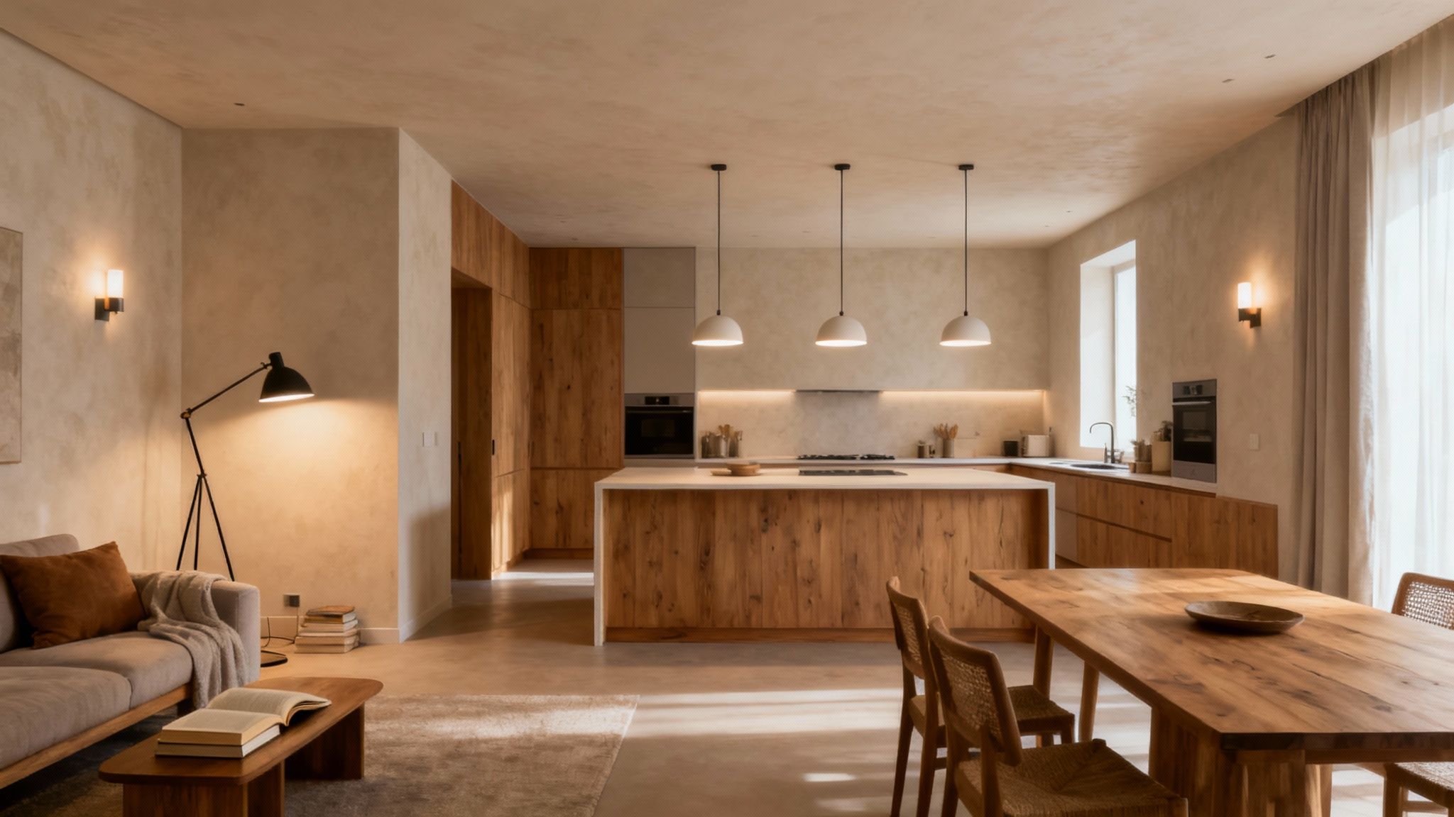 A kitchen island illuminated by focused pendant lights for task lighting.