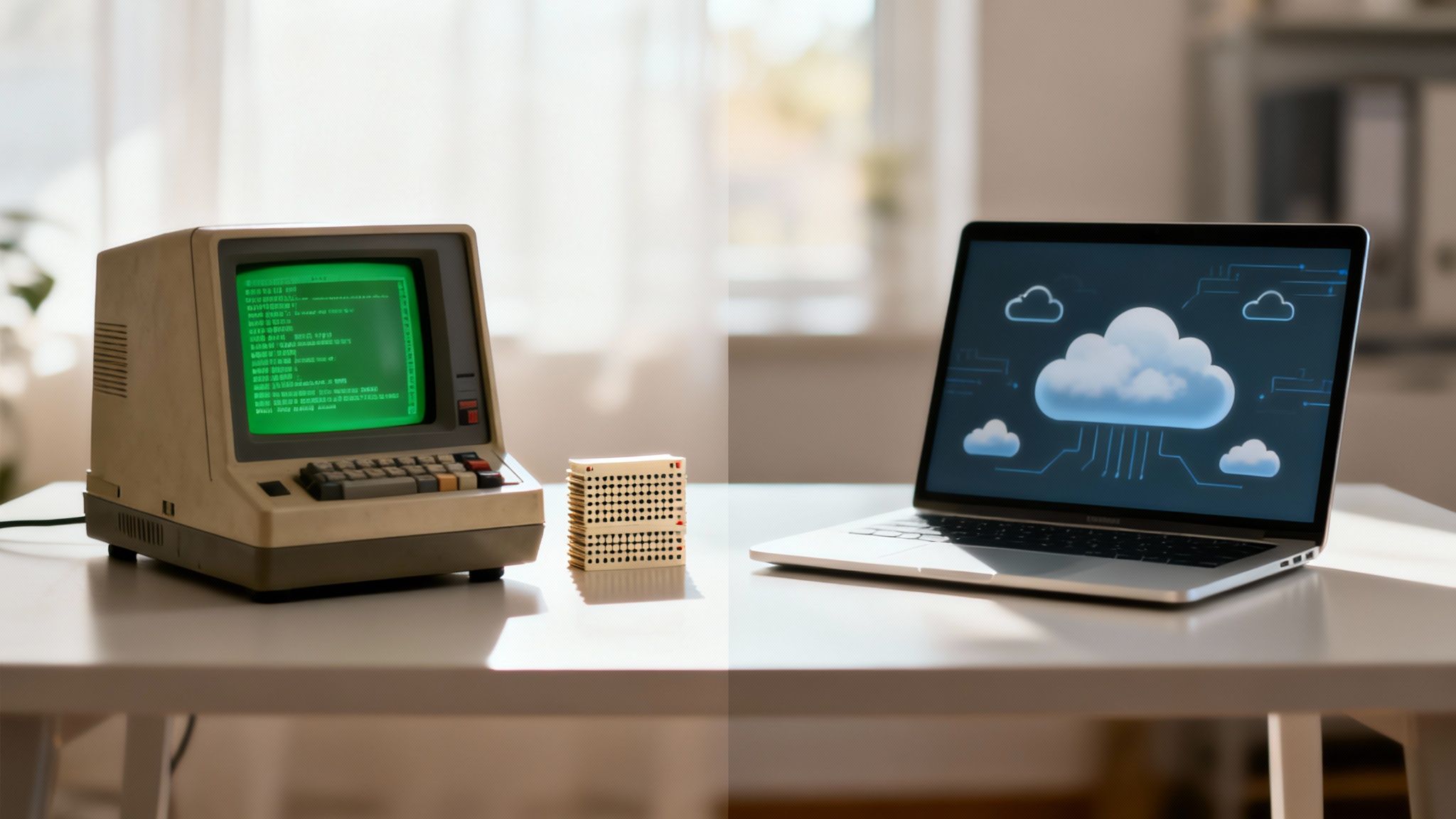 A vintage computer with a green screen next to a modern laptop displaying cloud technology.