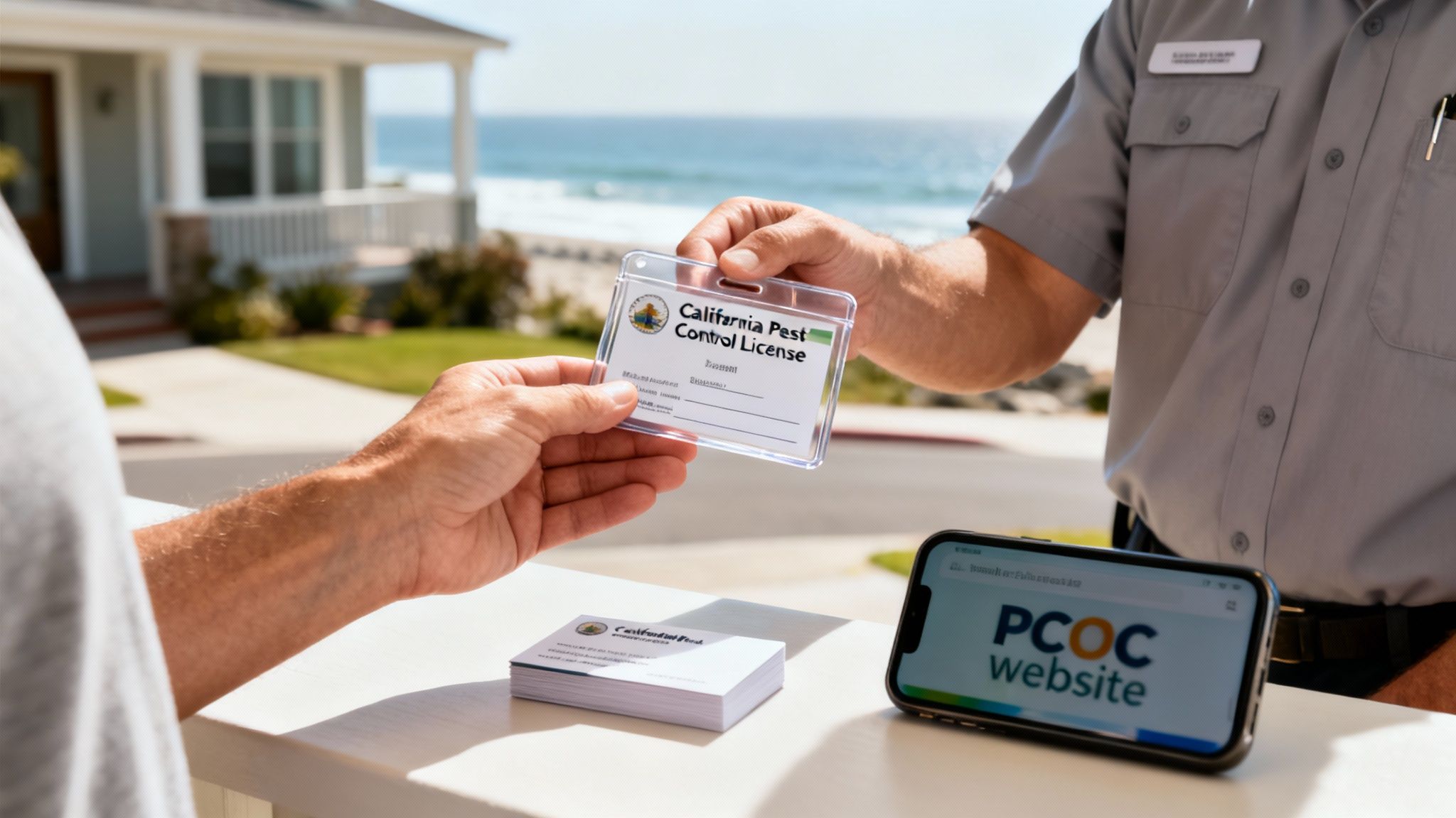 A pest control professional shows their California license to a customer outside a house by the ocean.