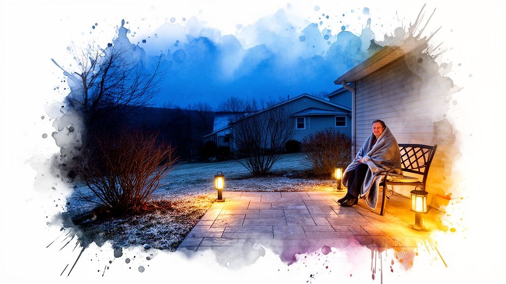 A woman in a blanket sits on a patio with warm lanterns and a cold watercolor sky.