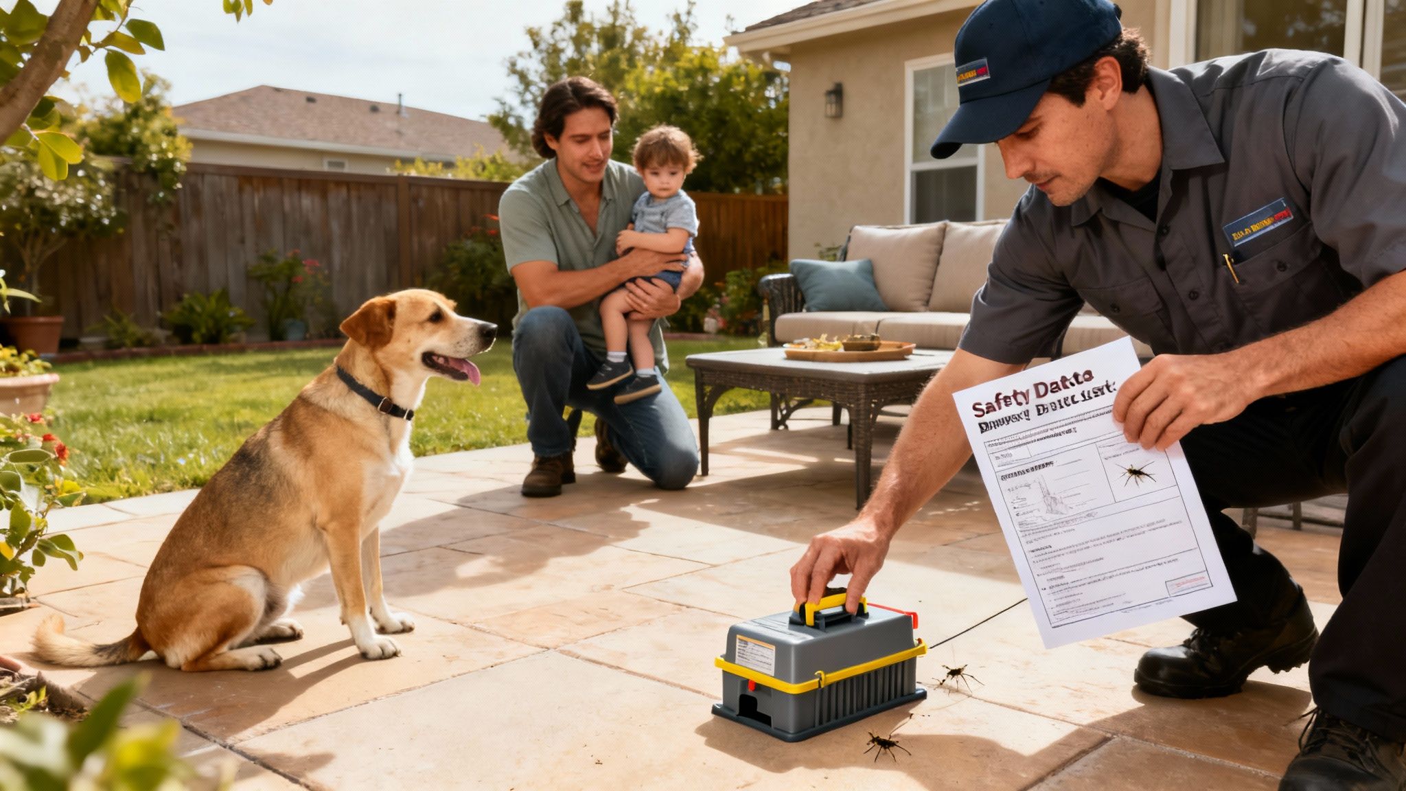 Pest control technician setting a trap in a backyard, observed by a father, child, and dog.