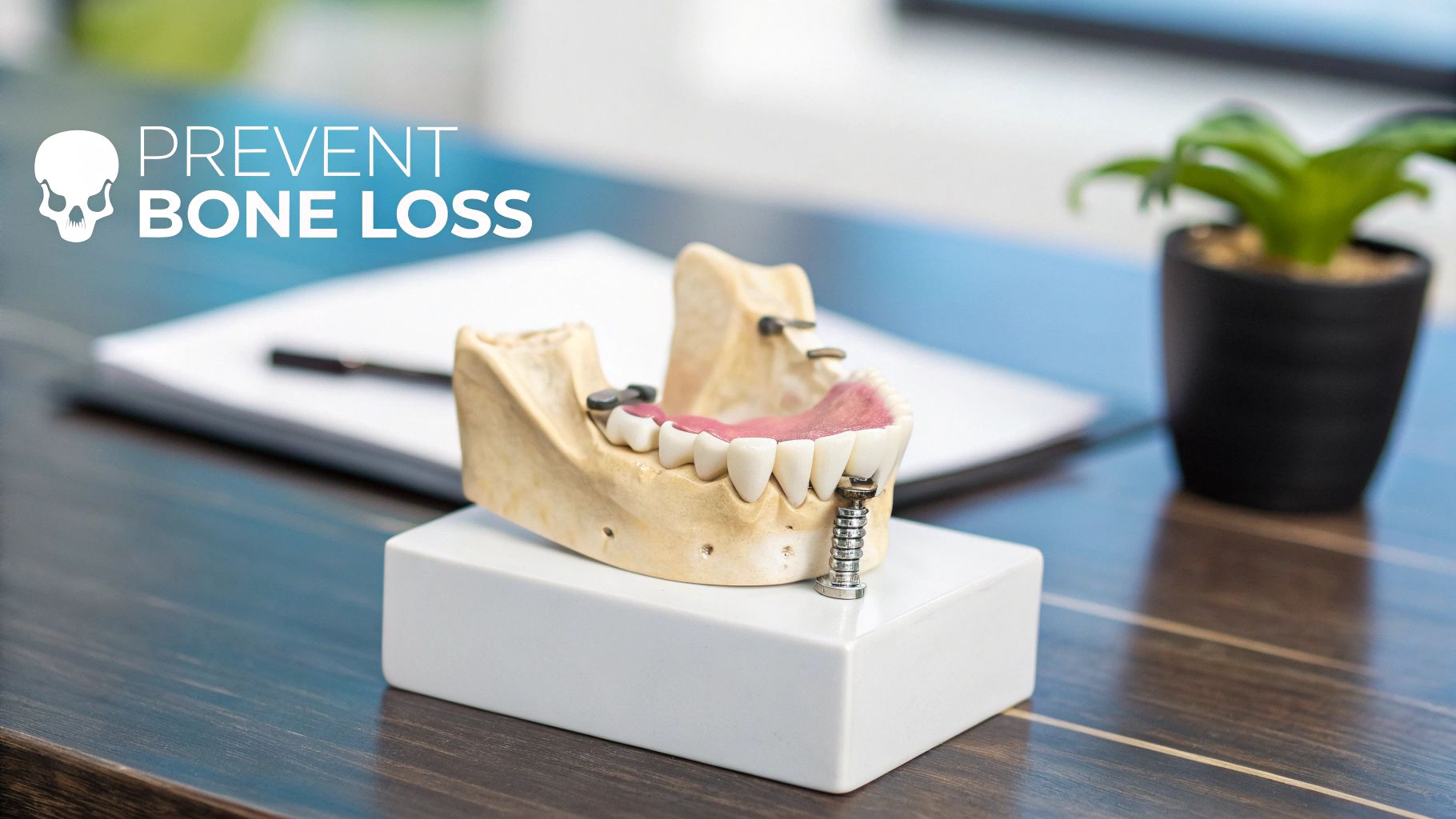 Close-up of a dental implant model and 'PREVENT BONE LOSS' text on a wooden desk.
