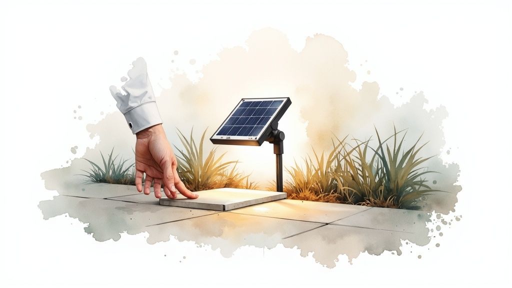 A human hand near a ground-level solar light with a solar panel and plants.