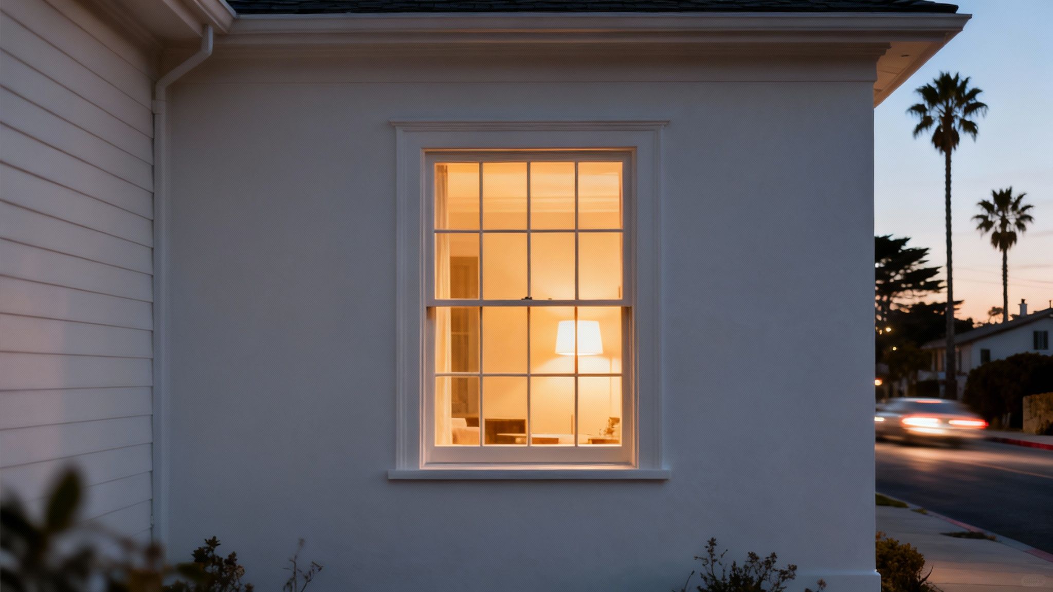 A modern living room with large, clear windows showing a beautiful, quiet outdoor view.