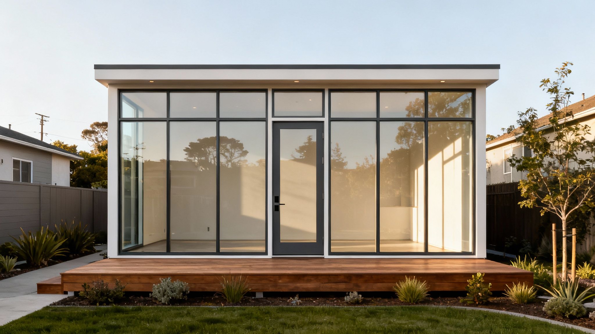 Modern prefab ADU with floor-to-ceiling glass windows and wooden deck in backyard