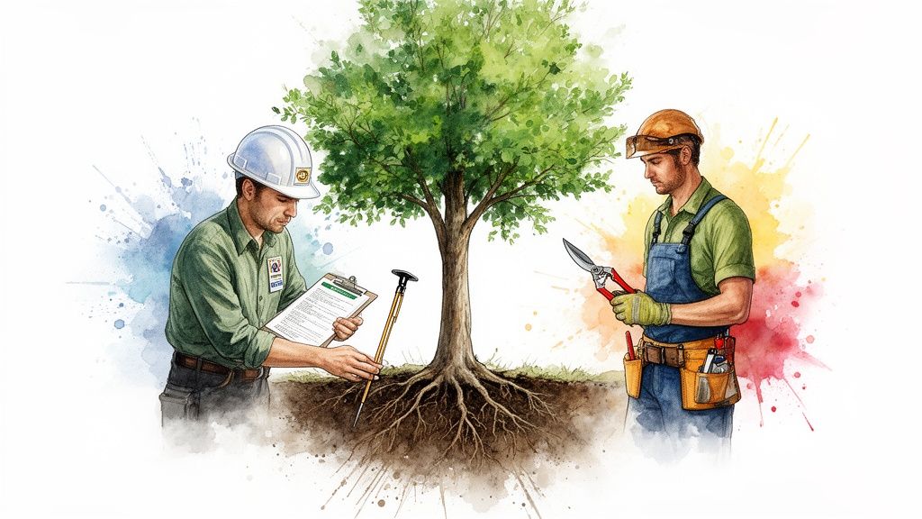 Watercolor illustration of two arborists caring for a tree, one inspecting roots and the other pruning branches.