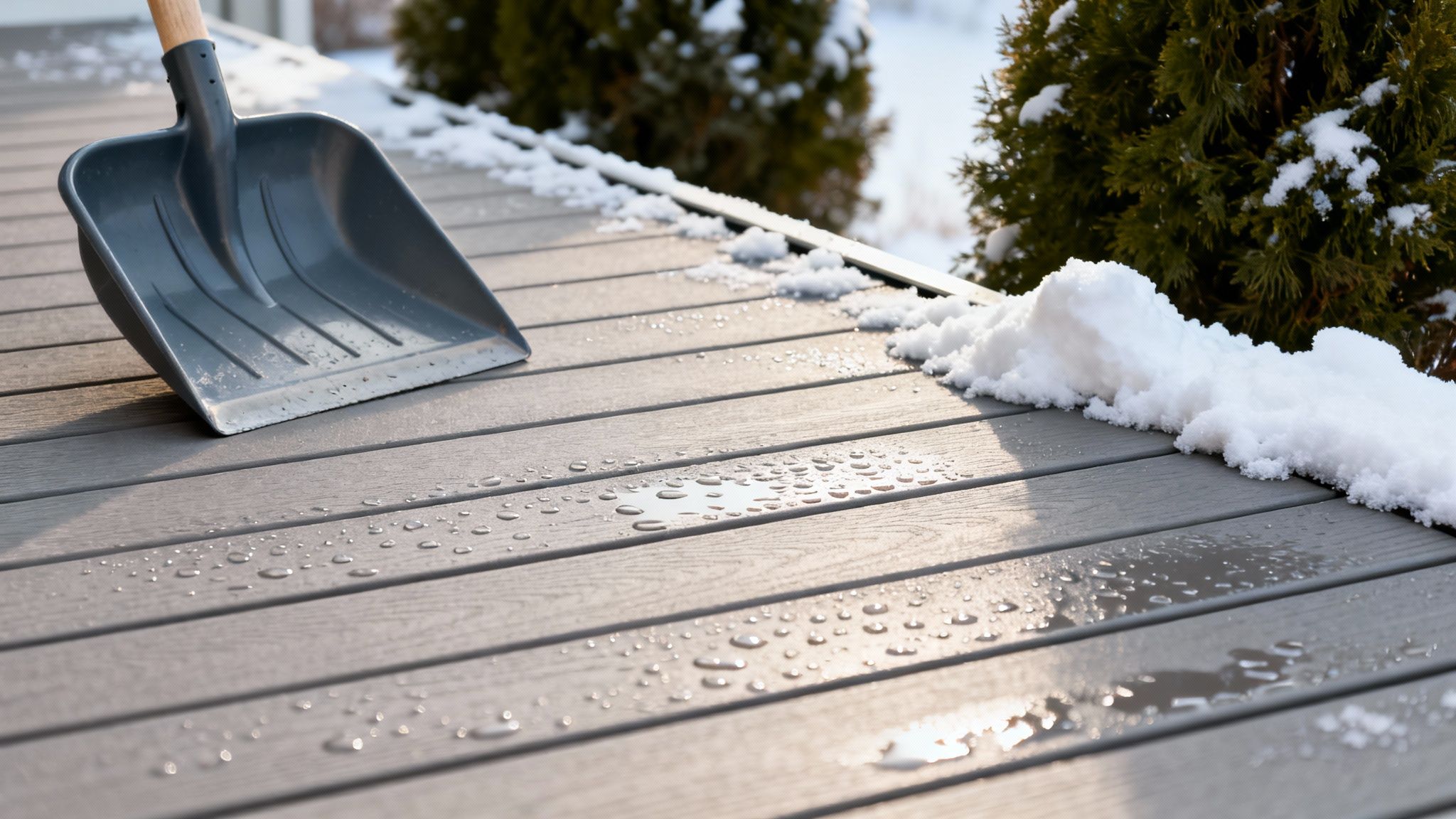 A snow shovel on a grey composite deck with melting snow and water droplets.