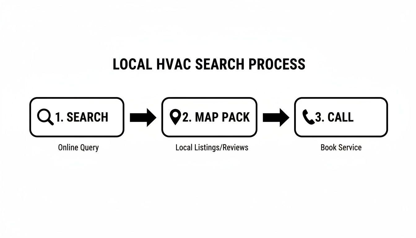 Diagram illustrating the steps consumers take to find and book local HVAC services online.