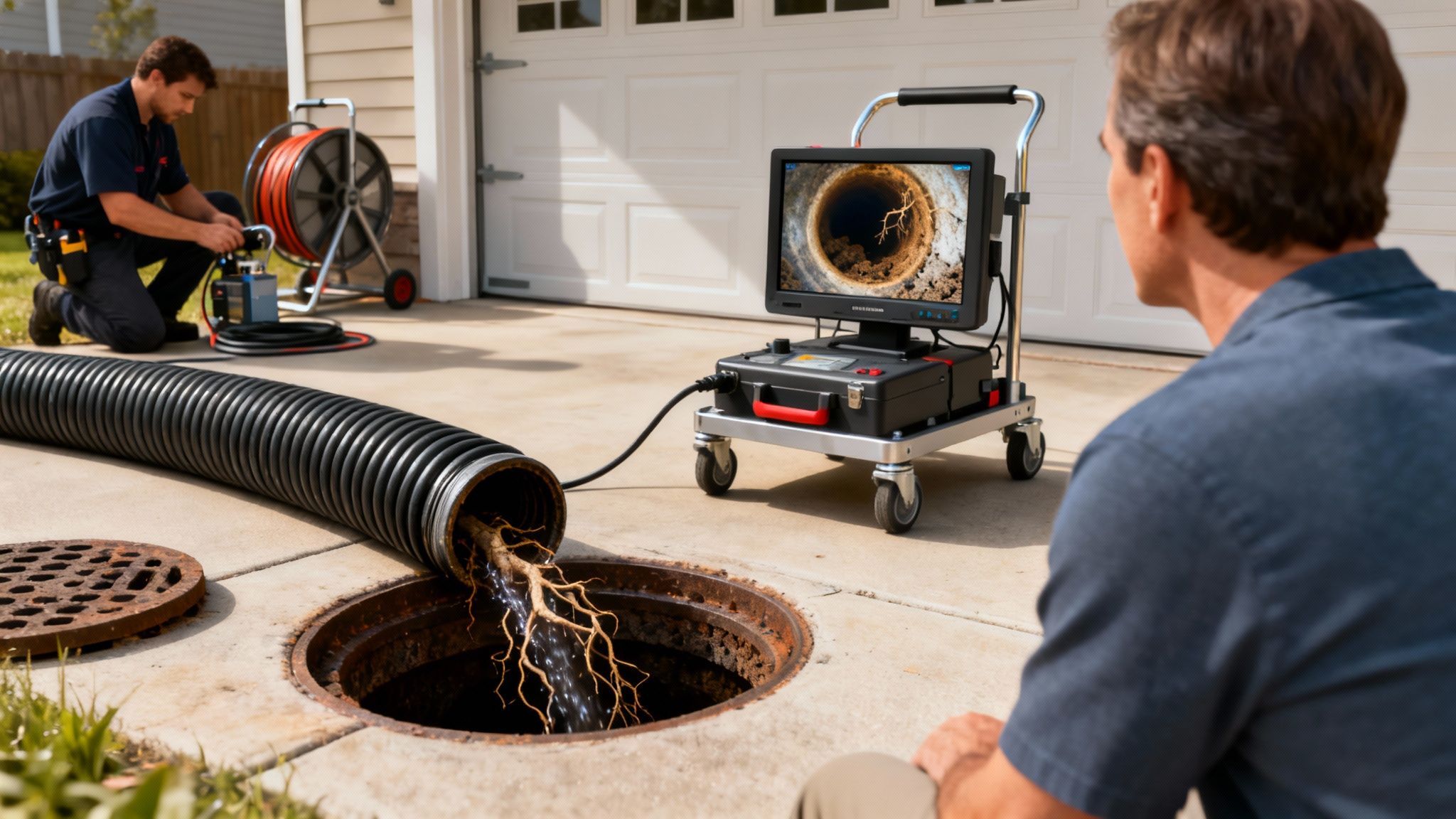When Should You Use Hydro Jetting for Your Monterey Home? A Quick Guide 3 Two plumbers inspect a drain for blockages with a sewer camera, displaying roots on screen.