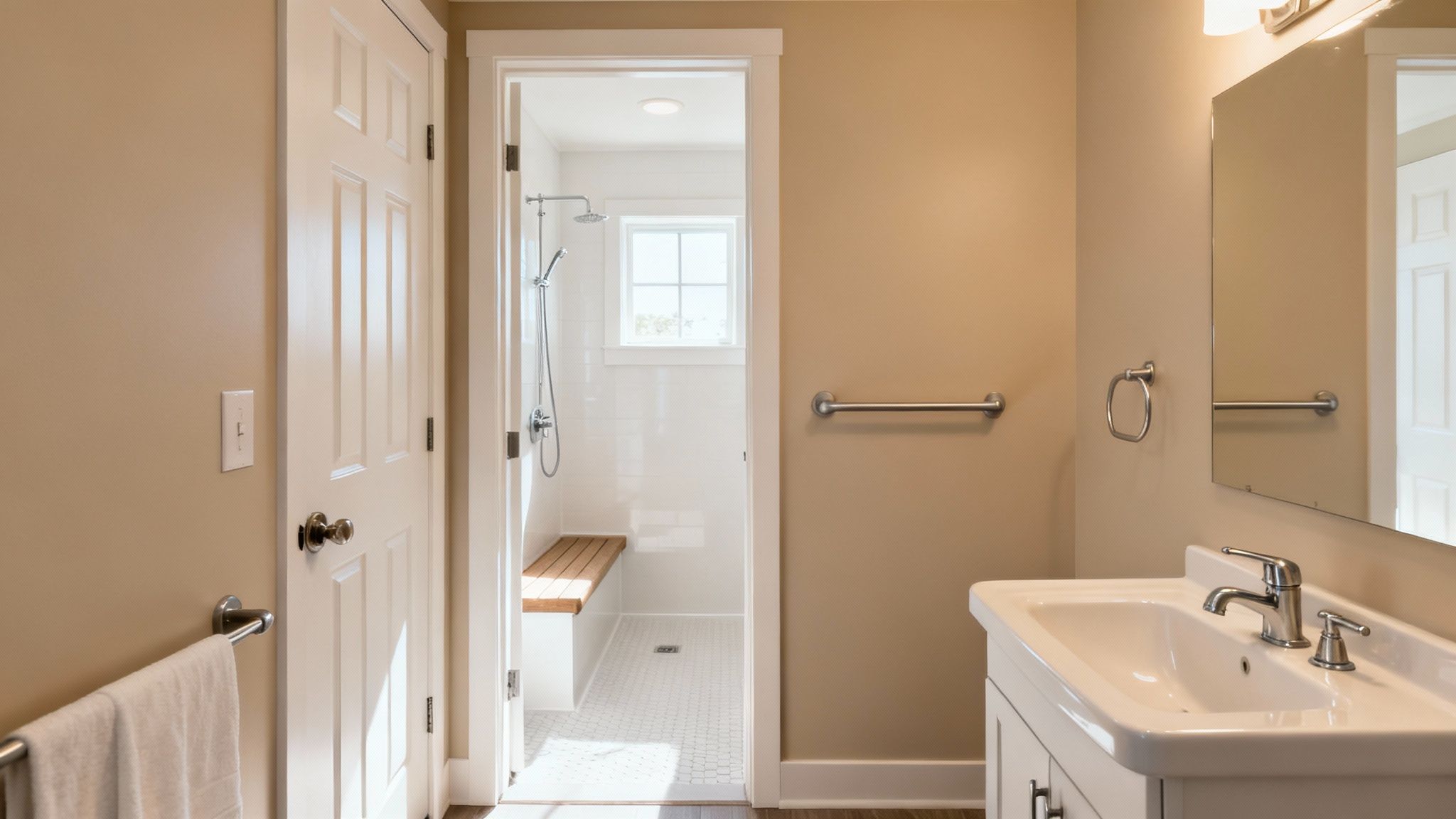 Modern accessible bathroom with grab bars, walk-in shower, wooden bench, and wheelchair-friendly design features