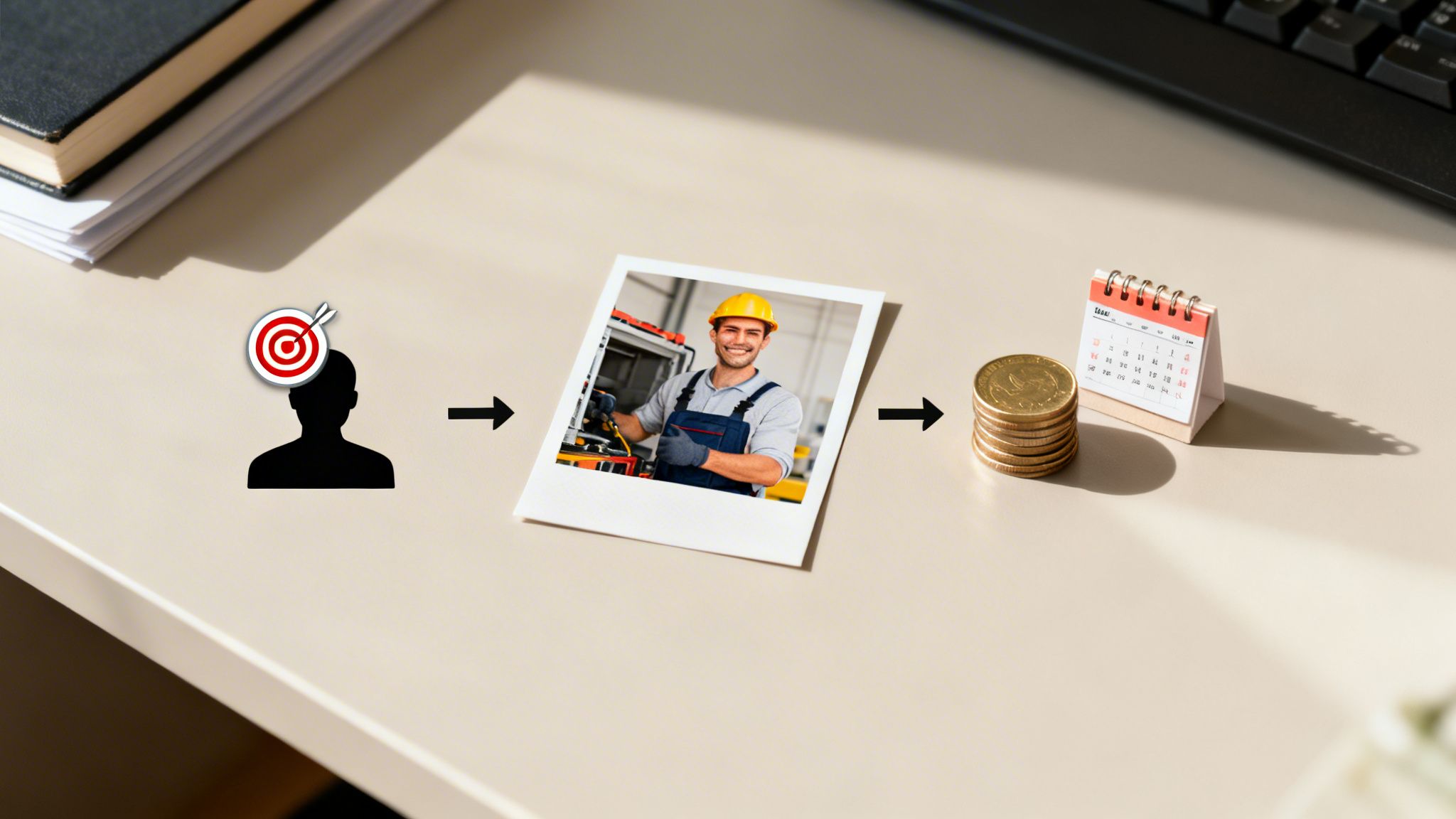 Visualizing the journey from career goals to a happy skilled worker, earning money over time.