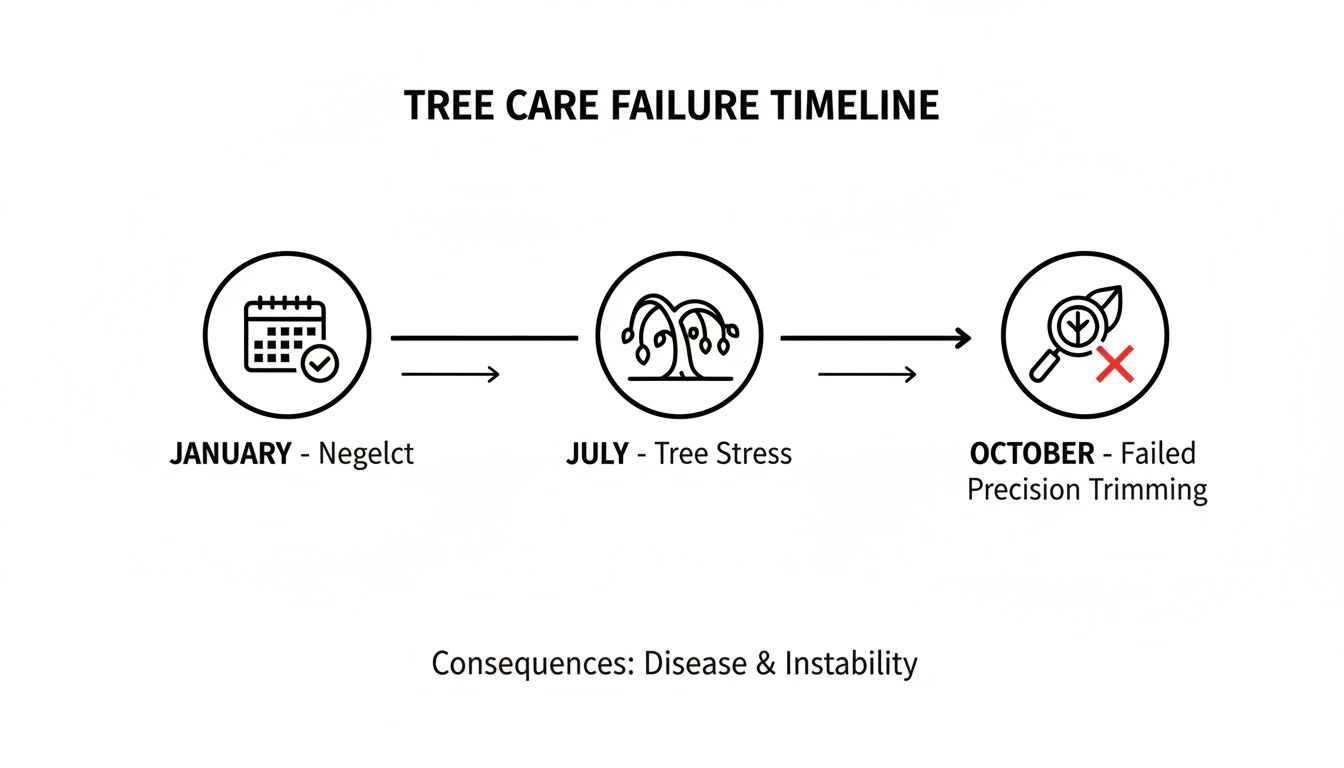 Timeline showing tree care failure: neglect in January, stress in July, and failed precision trimming in October, leading to disease and instability.