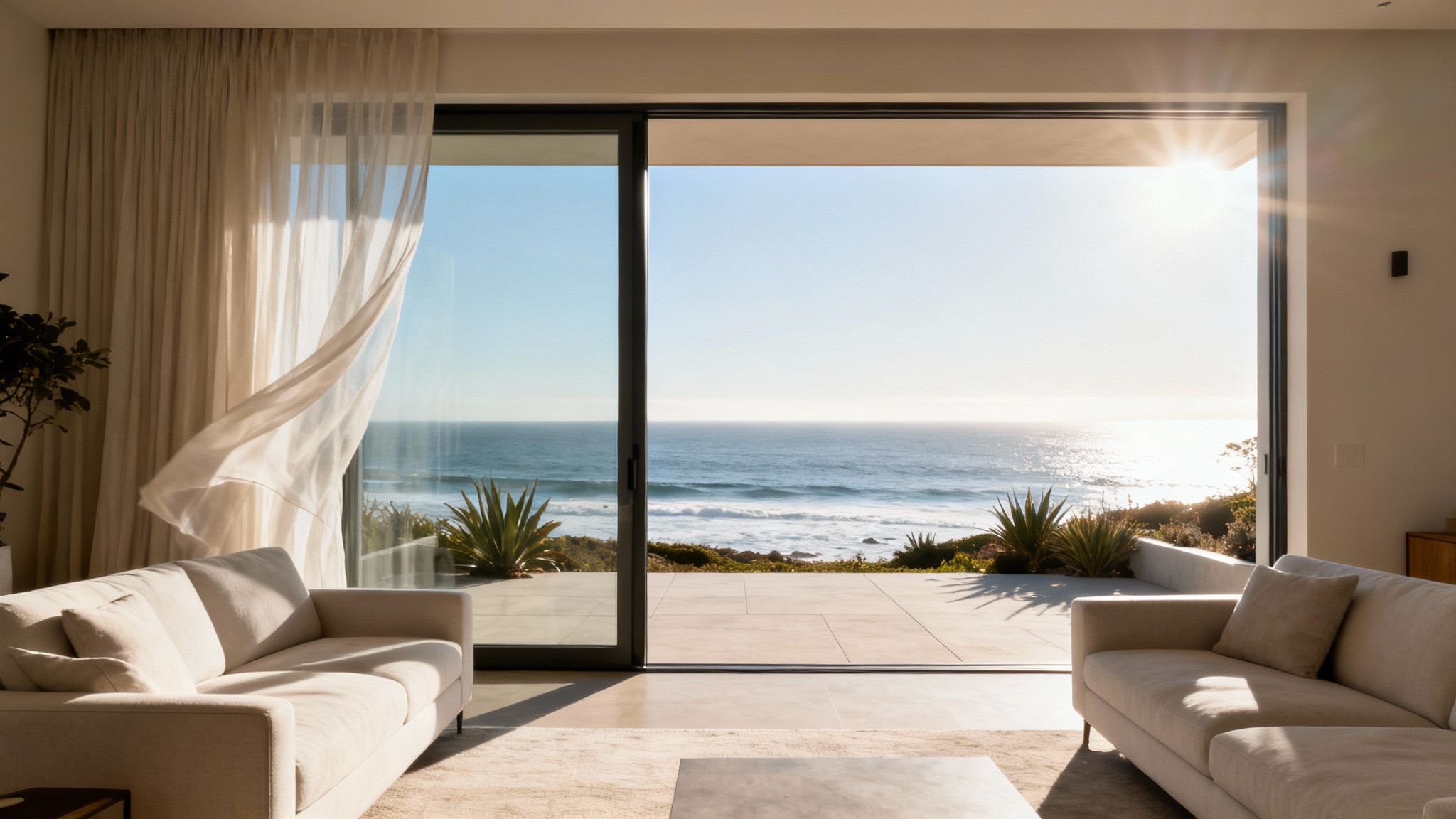 A bright living room with sliding glass doors opening to a stunning ocean view at sunset.