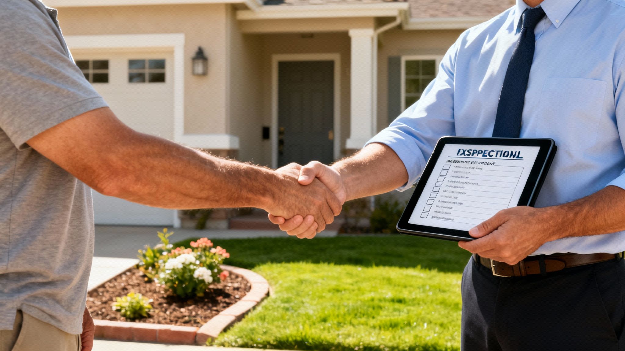 Two men shake hands in front of a house; one holds a property inspection tablet.