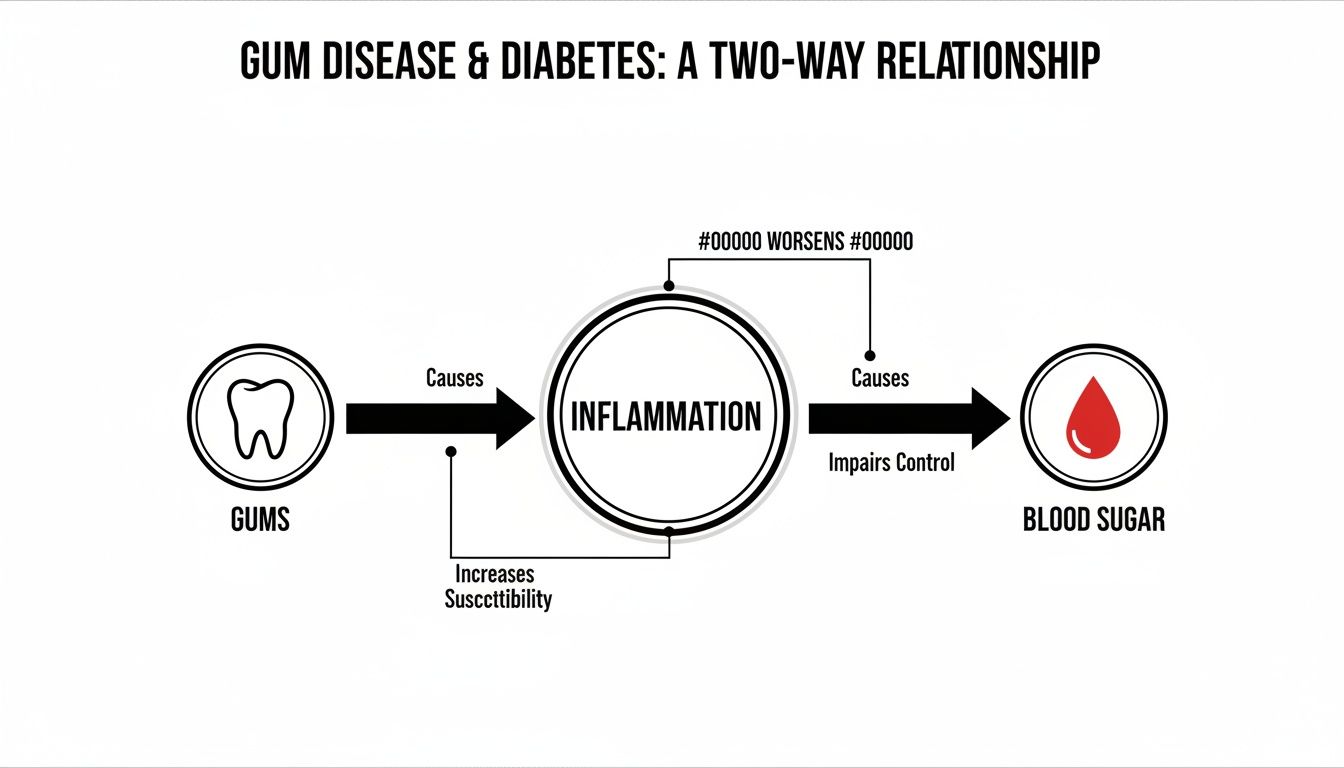 Diagram illustrating the two-way relationship between gum disease, inflammation, and blood sugar control.