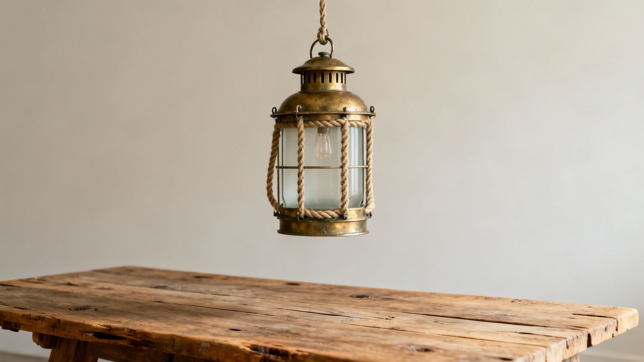 A rustic brass lantern with rope details hangs above a weathered wooden table.