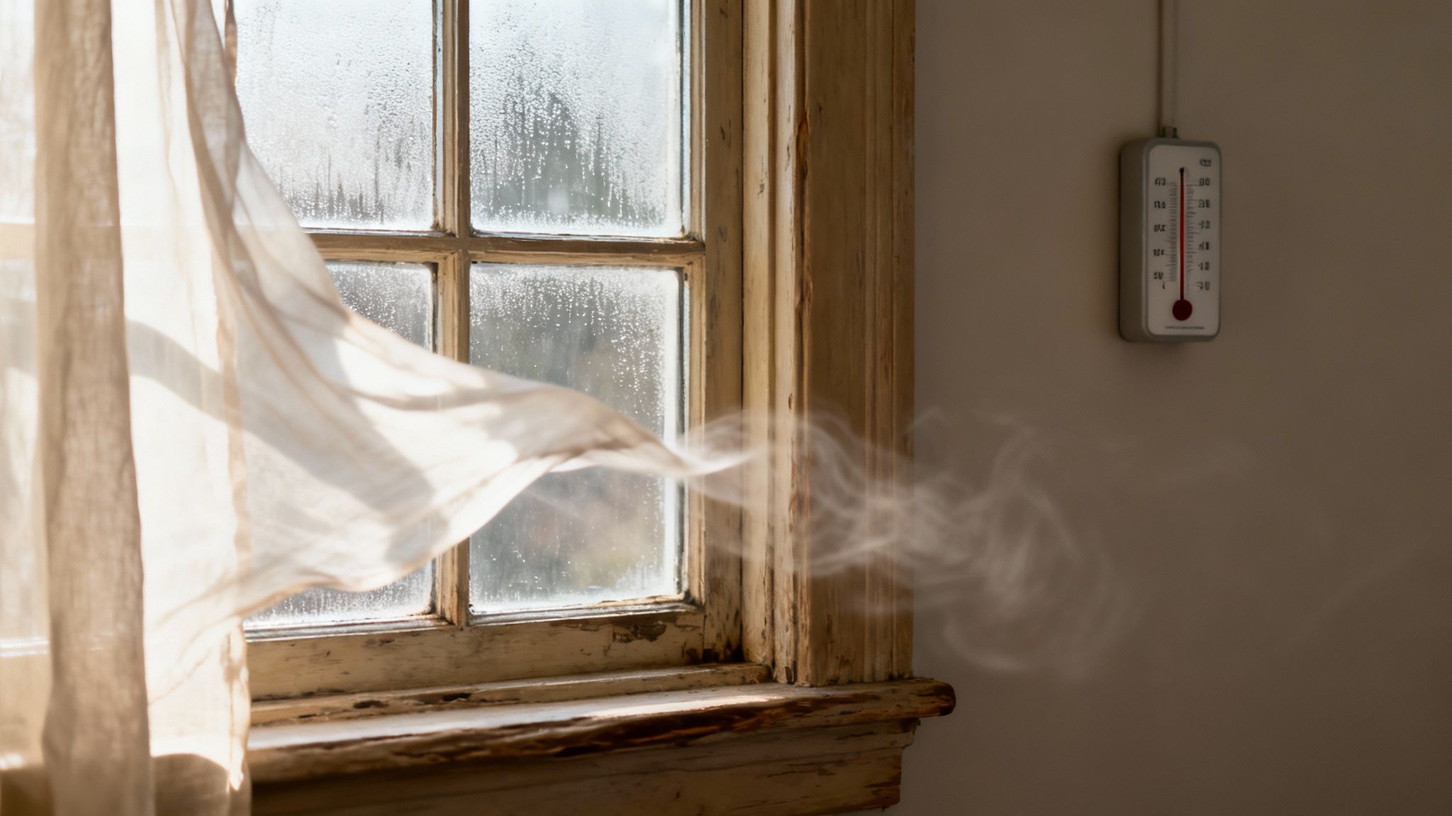 A sheer curtain blows in front of an old, fogged window, with a thermometer on the wall.