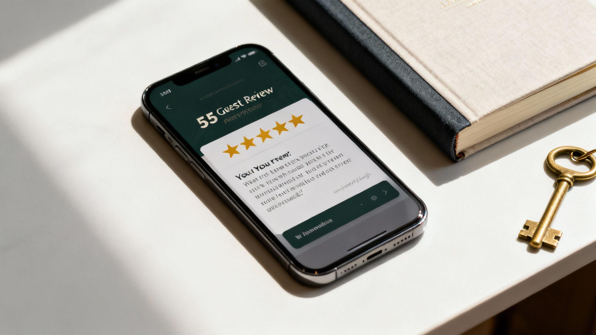 An iPhone displaying a guest review screen with four out of five stars, a notebook, and a brass key.
