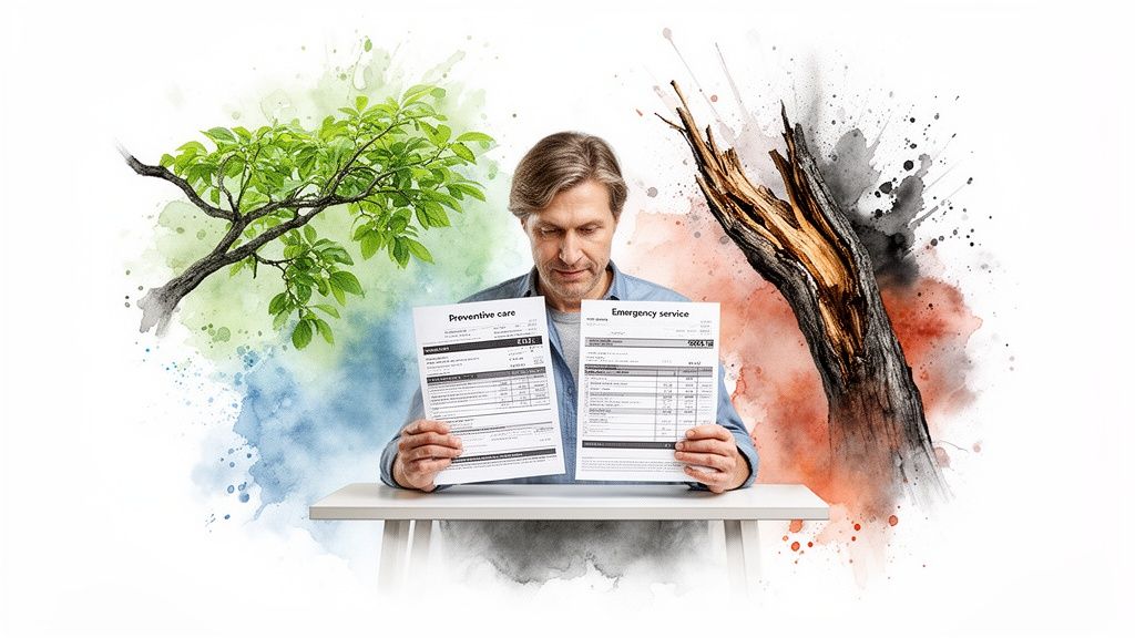A man compares 'Preventive care' and 'Emergency service' documents, representing a healthy green tree versus a broken tree.