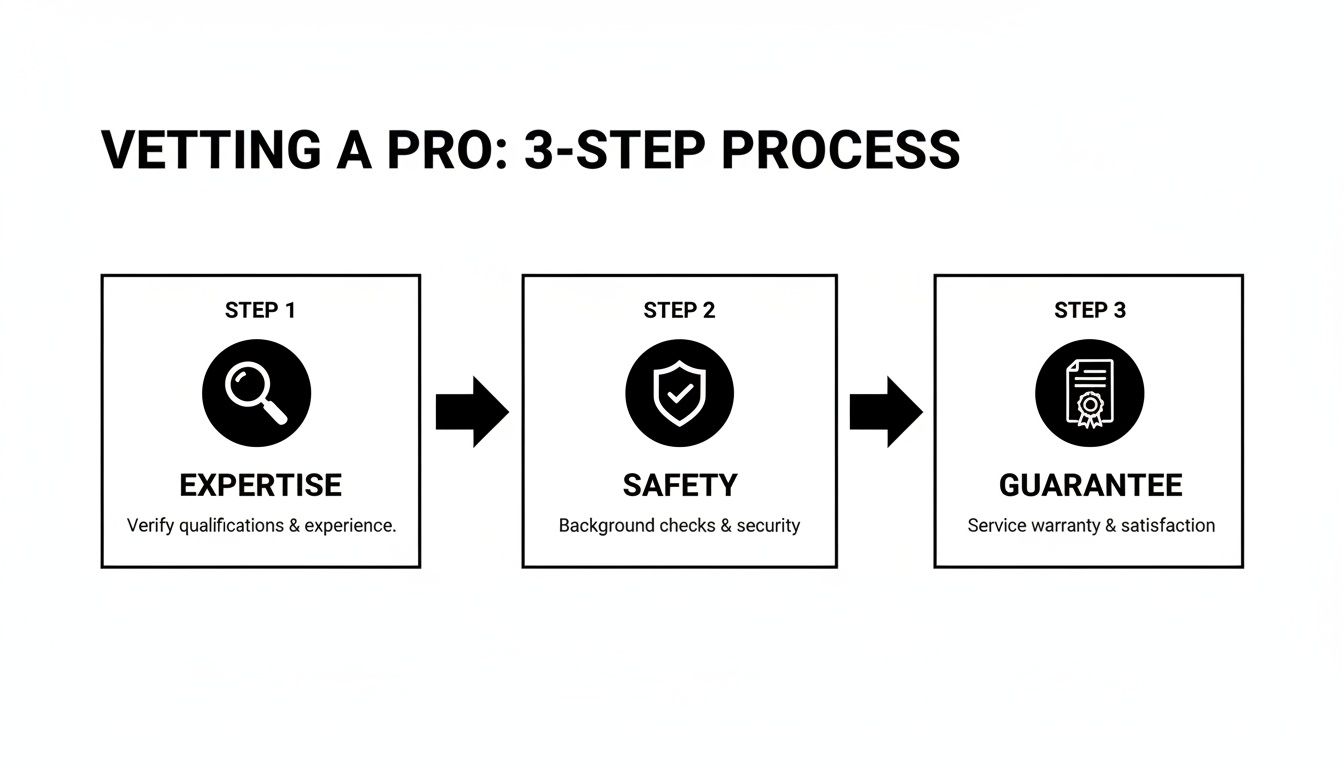 A 3-step process for vetting a professional, covering expertise, safety, and service guarantee.