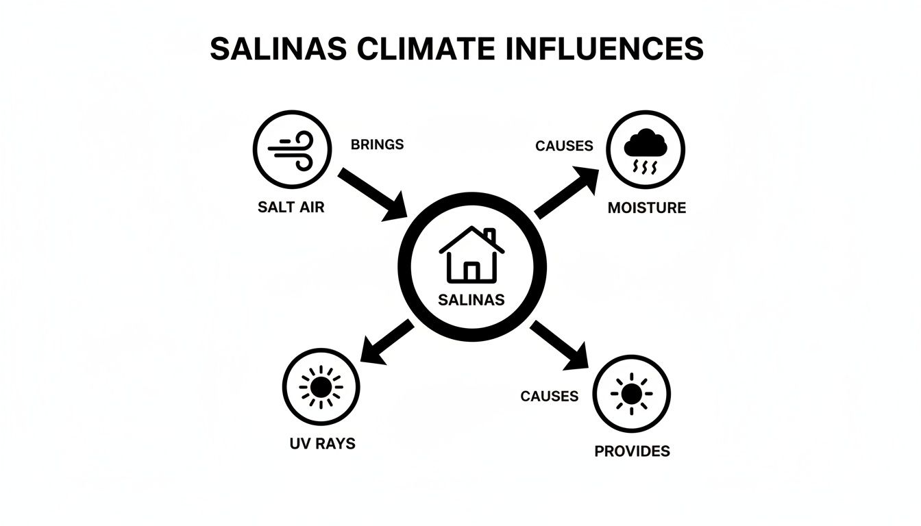 Diagram illustrating Salinas climate influences: salt air brings, moisture causes, UV rays cause, and sun provides impacts on Salinas.