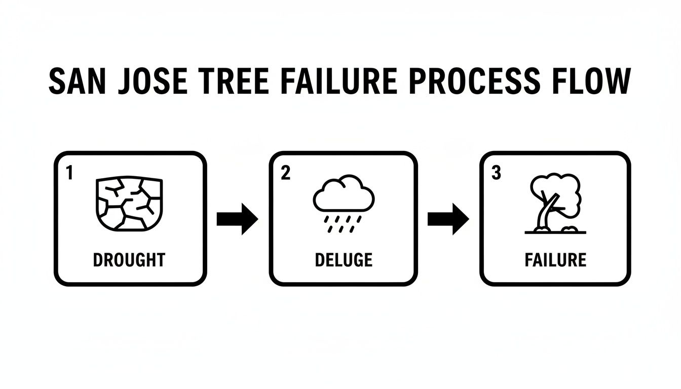 A three-step process flow illustrating San Jose tree failure from drought to deluge and ultimate failure.