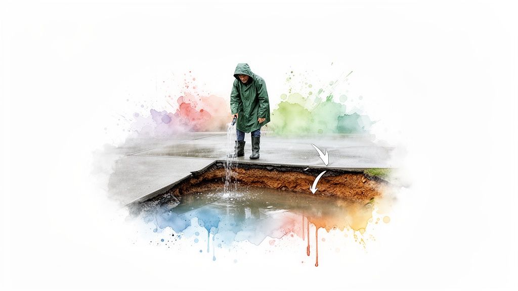 A person in a raincoat pours water into a large pit illustrating soil erosion beneath a paved surface.